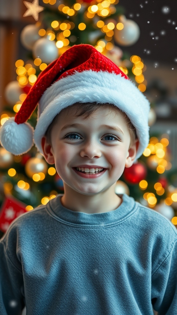 A boy in a Santa hat smiling with Christmas lights and a tree in the background.